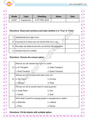 Grade 4, Social Science - Transport And Communication Mock Test Paper, printable PDF, instant download