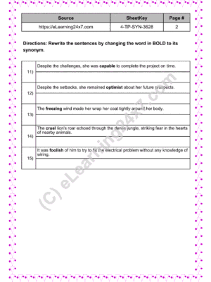 Grade 4, English - Synonyms Mock Test Paper, printable PDF, instant download (page 2)