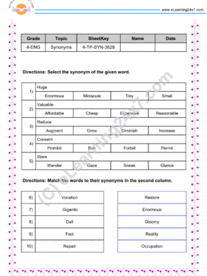 Grade 4, English - Synonyms Mock Test Paper, printable PDF, instant download
