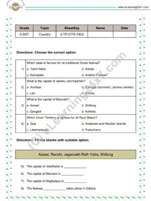 My country mock test papers for grade 5 social study (SST)
