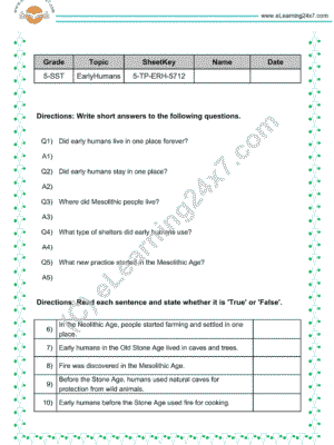Early humans mock test papers for Grade 5 SST social science