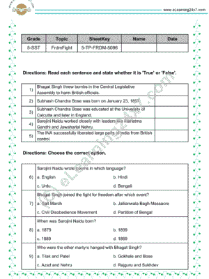 Freedom fighters of India mock test papers for grade 5 social science (SST)