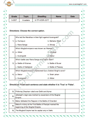 Invaders of India mock test papers for grade 5 social science (SST)