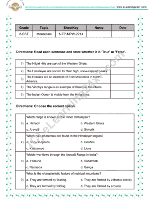 Mountains and plains test papers for grade 5 social science