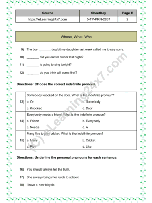 Grade 5, English - Pronoun Mock Test Paper, printable PDF, instant download (page 2)