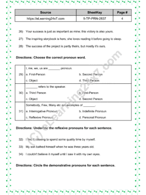 Grade 5, English - Pronoun Mock Test Paper, printable PDF, instant download (page 4)