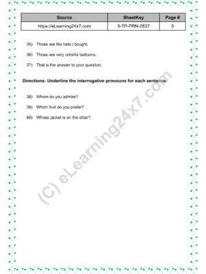Grade 5, English - Pronoun Mock Test Paper, printable PDF, instant download (page 5)