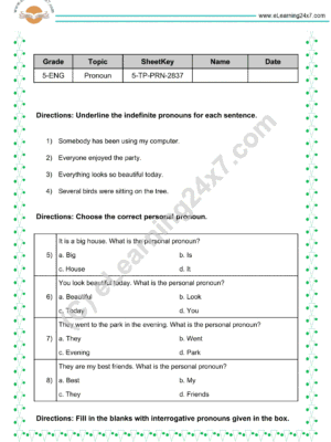 Grade 5, English - Pronoun Mock Test Paper, printable PDF, instant download