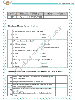 Revolt of 1857 in India's freedom struggle test paper
