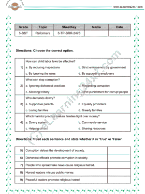 Social reforms and reformers test papers for grade 5 SST