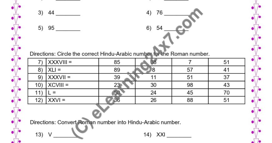 Grade 4, Maths - Roman Number Mock Test Paper, printable PDF, instant download