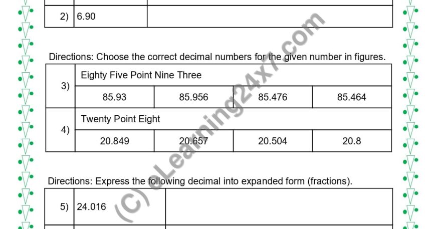 Grade 5, Maths - Decimals Mock Test Paper : All, printable PDF, instant download